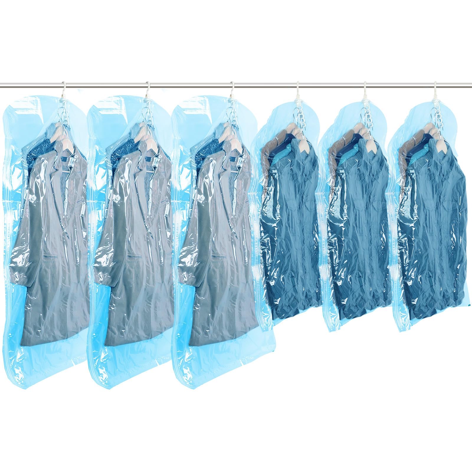 Hanging Vacuum Storage Bags, 6 Combo Vacuum Pack Bags for Clothes Reusable Space Saver Bags Vacuum Compression Storage Bags for Winter Coats Wardrobe Coats, Suits & Dresses Garment 5-Ring Hangers