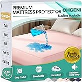 OhGeni 100% Waterproof Mattress Protector, Queen Size Pink, Fitted Sheet with Deep Pockets, 6''-18'', Premium Noiseless Breathable Soft Material, Mattresses Cover for Bed