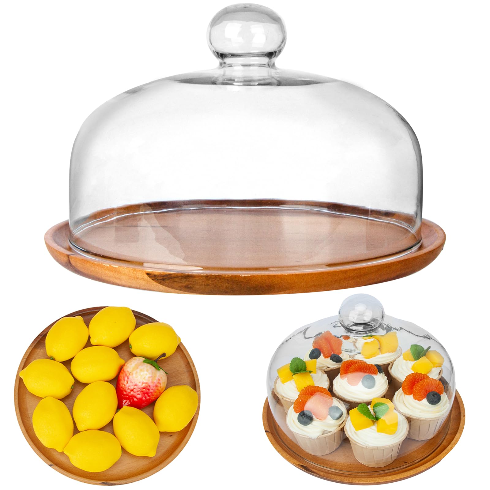 Photo 1 of 10 Inch Wooden Base Cake Display Stand with Glass Dome,Cloche Clear Glass Bell Jar Cover for Dessert Cheese Candy Plants Succulents