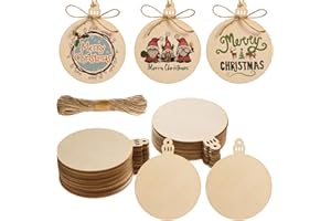 AWIZOM 72 Pcs Wooden Christmas Ornaments Unfinished Wooden Circles with Holes Round Wood Discs Slices Blank Wood Christmas Gift Tags with Twine for DIY Crafts Halloween Christmas Xmas Tree Party Decor,3.1x4"