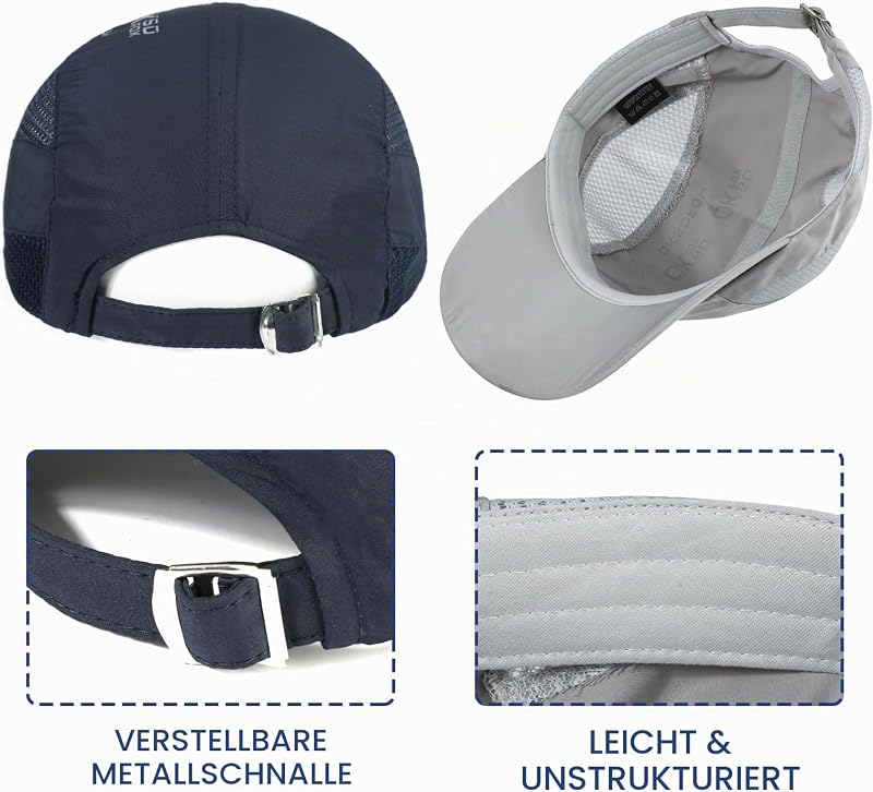 2 Pcs Baseball Cap Herren Damen, Schnelltrocknend Basecap Running Cap mit Atmungsaktivem Mesh Unisex, Leichtgewicht Schildmütze Verstellbar Draußen Kappen Sonnenhut Cappy für Golf Reisen Laufen