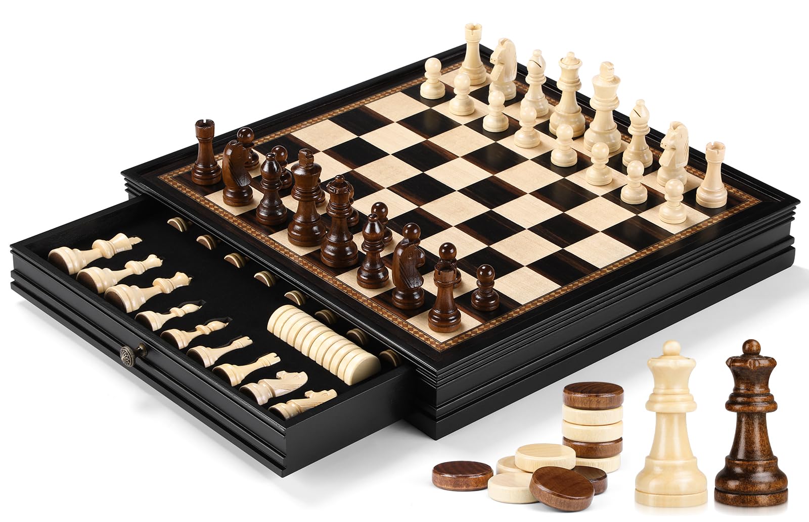 Peradix Magnetic Chess Checkers Board Sets with 2 Built-in Storage Drawers,15" Classic 2 in 1 Wooden Games with 2 Extra Queens for Kids and Adults,Travel Portable Chess Game Set