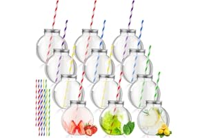 Yaomiao 12 Pcs 10 oz Mini Plastic Fish Bowl Ornament Cups for Drinks Clear Spherical Potion Bottles with Lids and Straws Bulb Cups for Christmas Carnival Candy Party Decorations (Multicolor)
