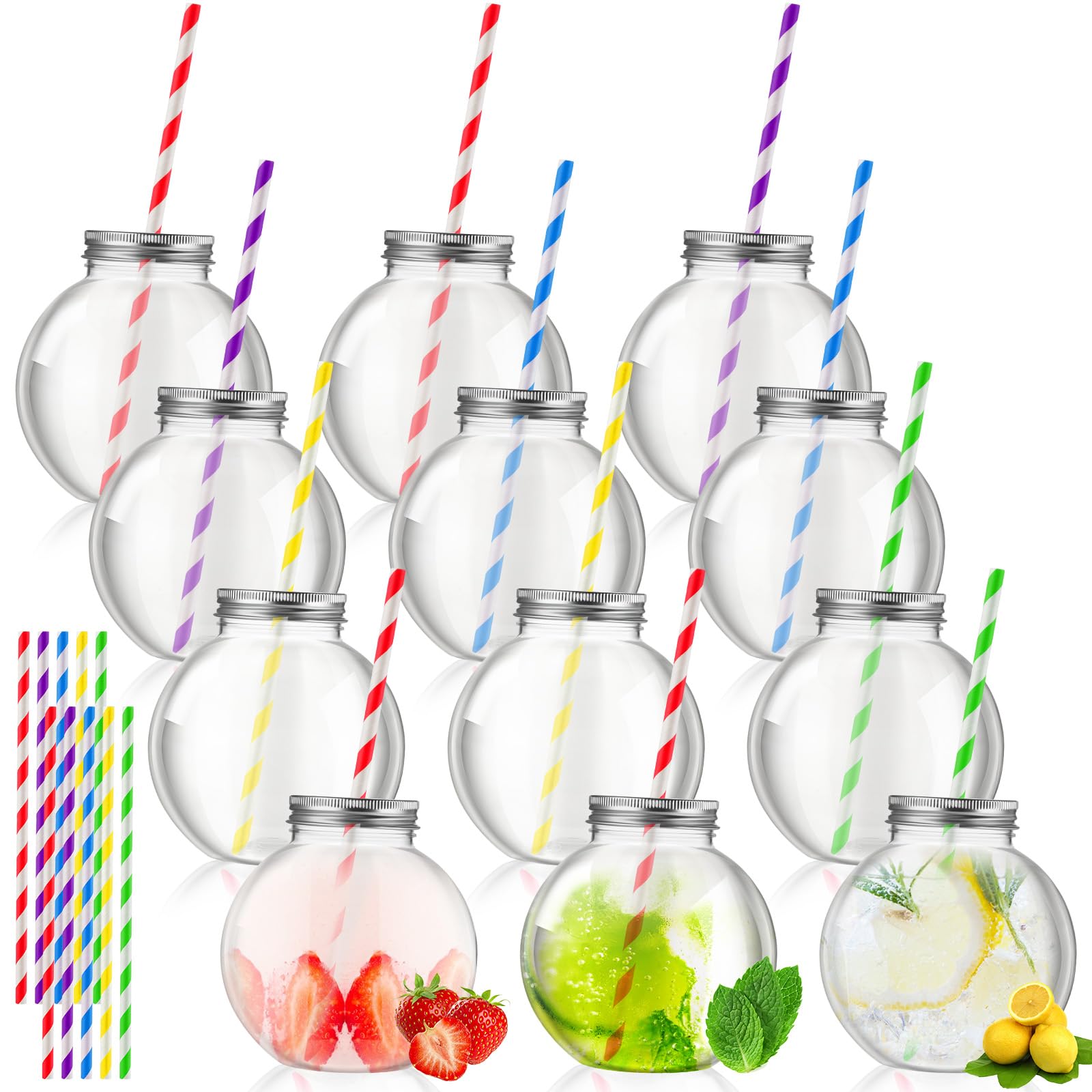 Photo 1 of Yaomiao 12 Pcs 10 oz Mini Plastic Fish Bowl Ornament Cups for Drinks Clear Spherical Potion Bottles with Lids and Straws Bulb Cups for Christmas Carnival Candy Party Decorations (Multicolor)