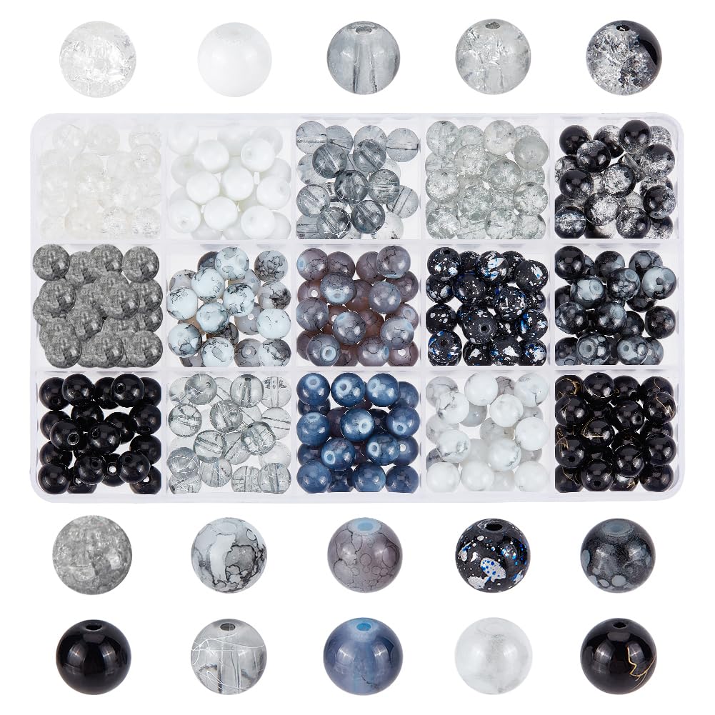 PH PandaHall 15 Colors 8mm Black Glass Beads 300pcs Bracelet Round Beads Marble Crackle Bead Baking Painted Bead for Jewellery Making Bracelet Necklace Party Halloween Decoration