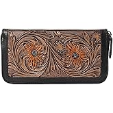 Merbaa Western Floral Tooled Leather Wallet for Women – Handcrafted Zip-Around Cowgirl Purse with Sunflower Design | Vintage Style Leather Organizer for Everyday Use