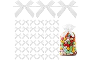 KQNBI White Twist Tie Bow 50 Pcs Small Bows for Crafts White Bows for Gift Wrapping Mini Pretied Satin Ribbon Bows Twist Tie Bows for Treat Bags Premade Tiny Bows Bowknot for Christmas Gifts DIY Candy Bag