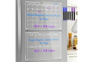 NPPLUS Acrylic Magnetic Monthly and Weekly Calendar for Fridge,2 Set Clear Dry Erase Board, Reusable Planner Whiteboard Includes 6 Markers 3 Colors