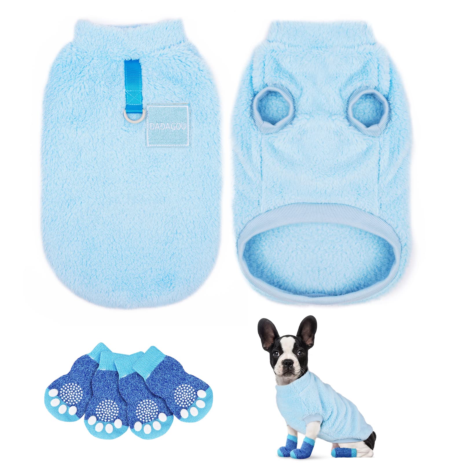 vsshe Dog Sweater, Fashion Pet Winter Clothes + Socks Set, Soft Warm Dog Cat Jumper, Fleece Chihuahua Sweatshirt Pet Paw Protector, Pet Winter Supplies for Puppy Small Medium Large Dogs(Blue,S)