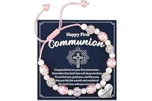HGDEER First Communion Baptism Gifts for Girl, Easter Confirmation Gifts for Girls, Fits 4-9" Wrists, Pink Pearl and Rhinestone Balls Bracelets for Granddaughter Goddaughter