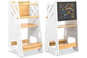 BUDDGO Toddler Standing Tower with Safty Rail & Non-Slip Pads, 3 Height Adjustable Toddler Tower with Chalkboard, Great for Kitchen Activities, Hand Washing & Creative Play, White