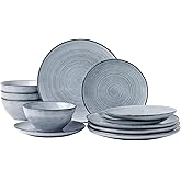 famiware Plates and Bowls Sets for 4, 12 Pieces Stoneware Dinnerware Sets, Dishes Set, Reactive Glaze Dishware Sets, Dishwasher & Microwave Safe, Tempus Series - Pearl Blue