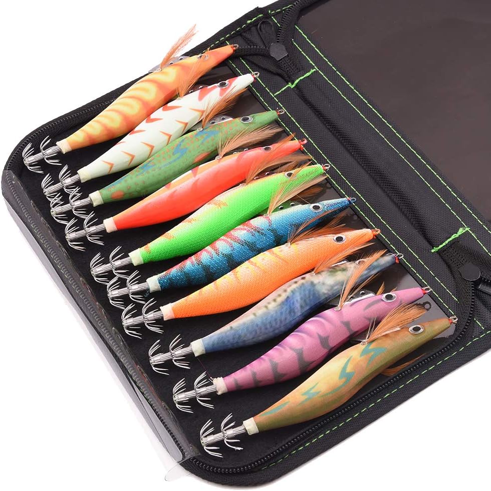 Fishing Squid Jigs Shrimps Prawn Luminous Tail Glow in Dark Spinner Lures Kit Jig Hook for Cuttlefish Octopus