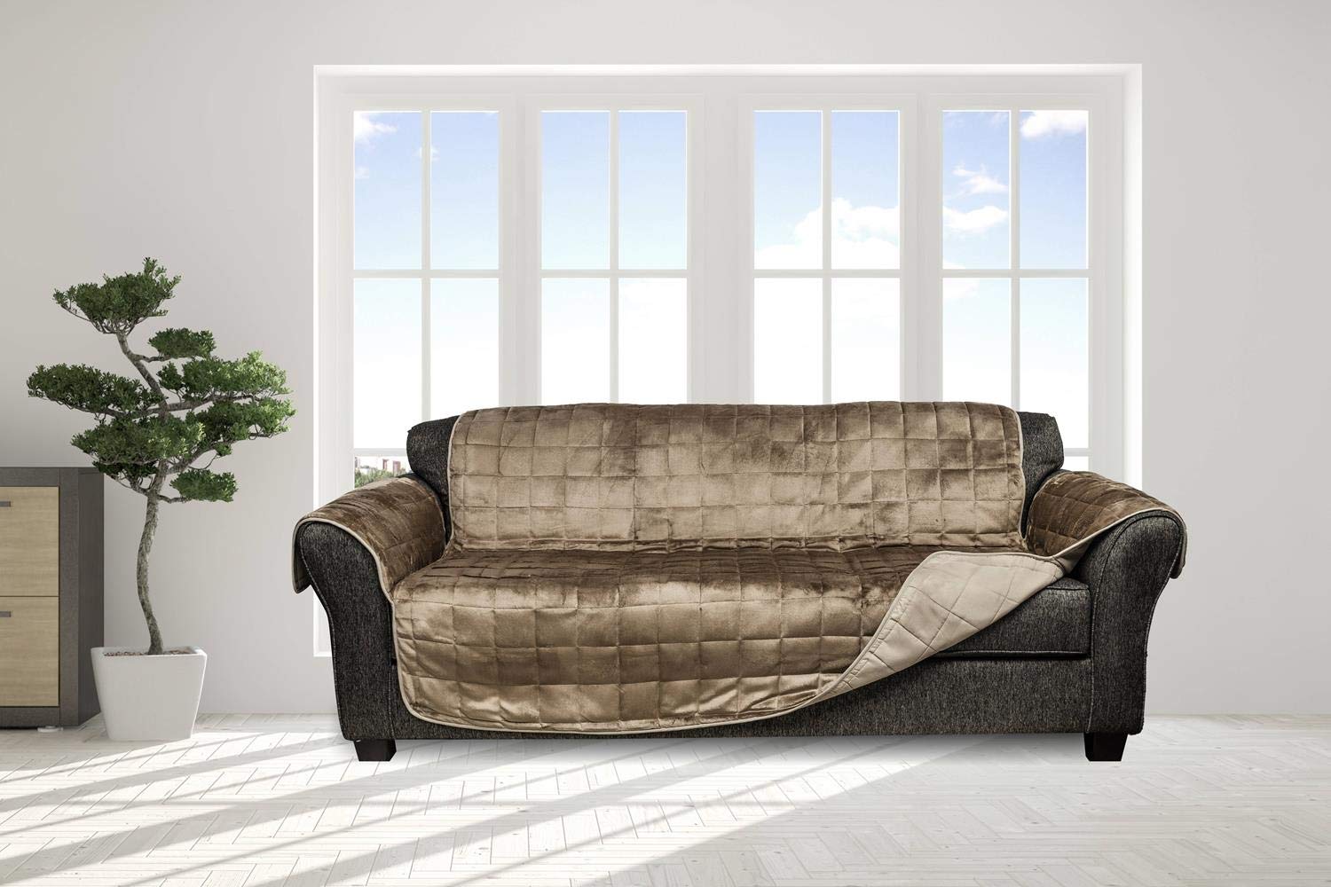 Quickfit Reynold Reversible Water Resistant Microfiber Loveseat Pockets in Chocolate-Natural, Taupe-Mocha, Sofa Cover