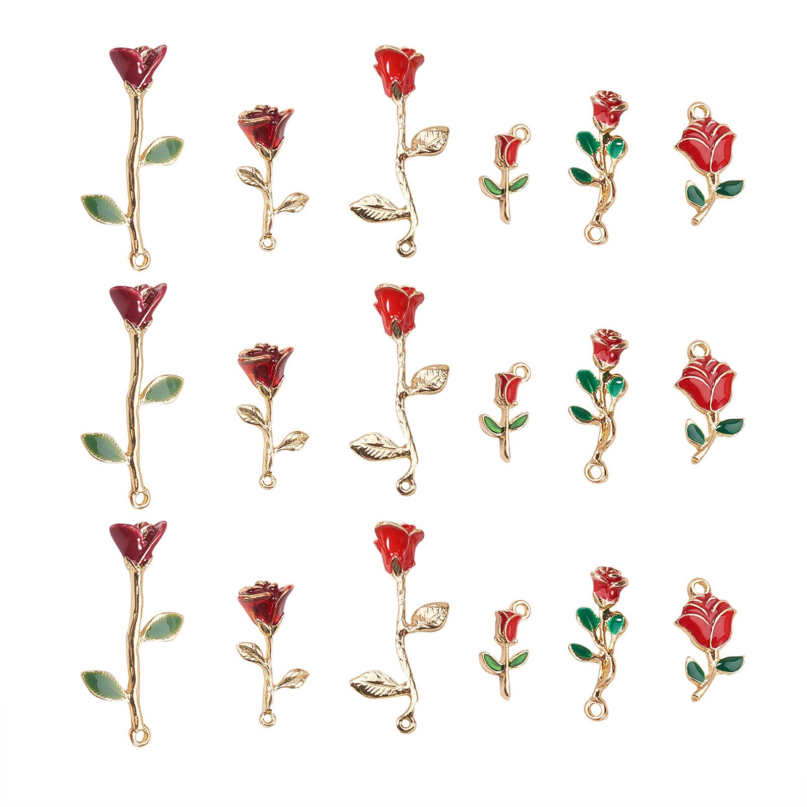 Airssory 30 Pcs 6-Shapes Red Rose Flower Charms Tiny Enamelled Pendants Assorted for Valentine's Day Earrings Necklace Jewellery Making with Storage Box - 38x17mm