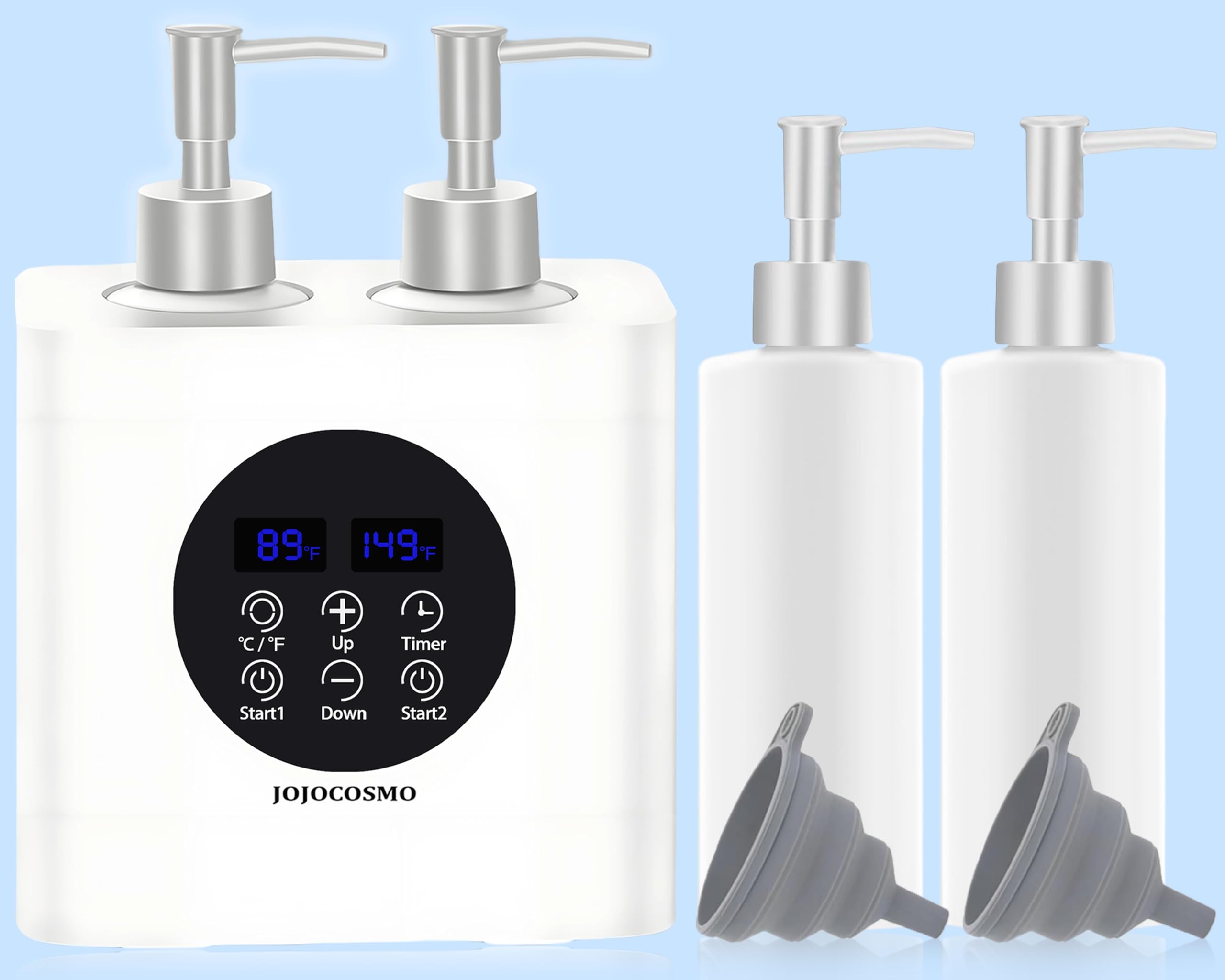JOJOCOSMO New Dual Control Massage Oil Warmer with Four Body Liquid Bottle Dispensers, Shampoo Heater Form 86 to 149 ℉, Reserve Heating time, for Salon, Home Essential Oil Lotion Warmer