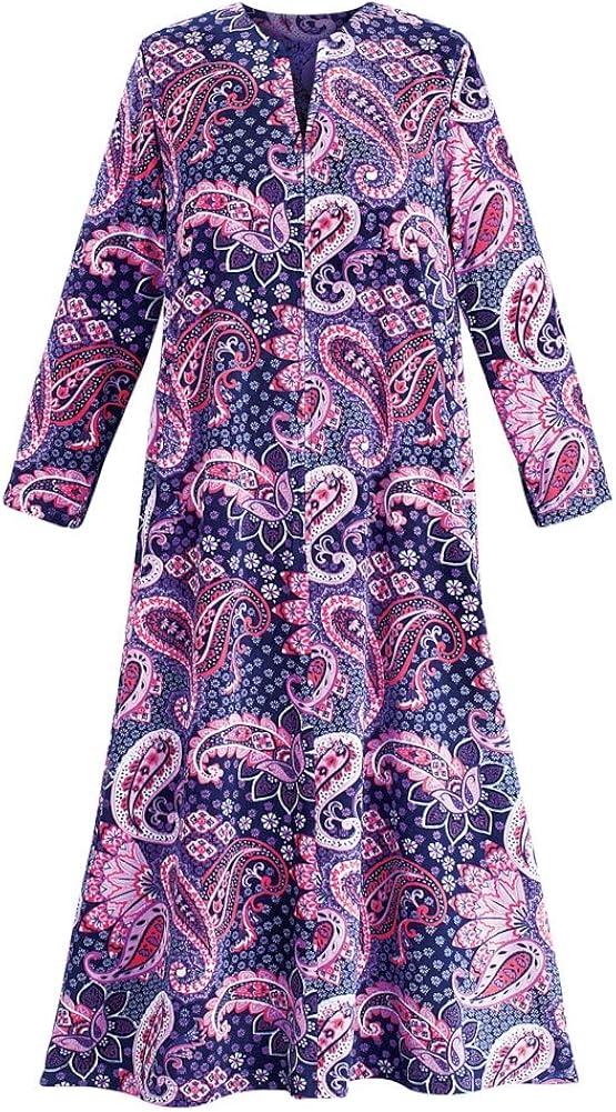 Women's Paisley Print Zip Dress Robe Lounger with Pockets & Long