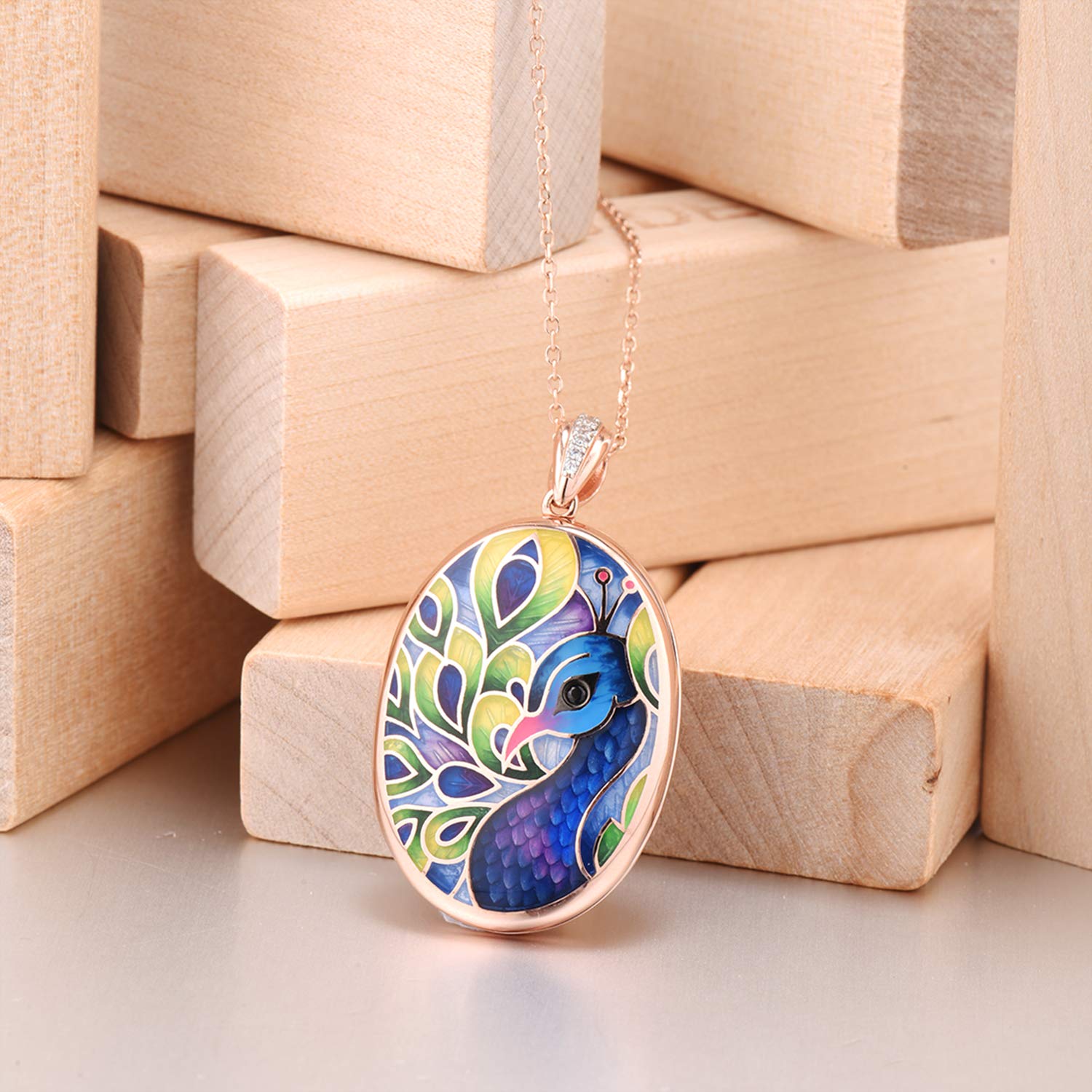 Santuzza 925 Sterling Silver Pendant Peacock Colorful Handmade Enamel Photo Locket Cubic Zirconia Trendy Jewelry (Rose Gold)