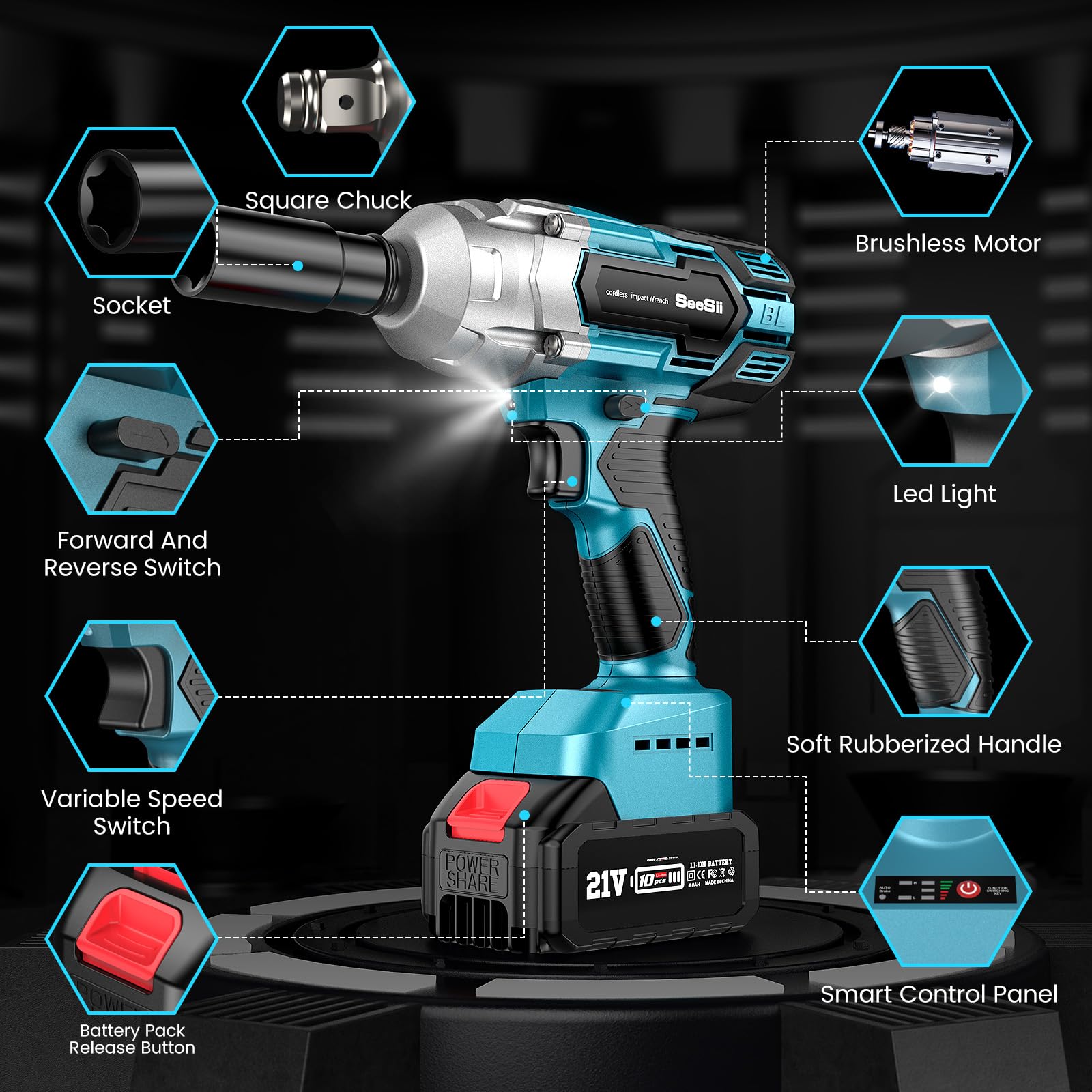 Seesii Cordless Impact Wrench 1/2 inch, High Torque 479 Ft-lbs(650Nm) Brushless Impact Gun,2500RPM w/2x4.0 Battery, 6 Sockets,8 Drill Bits, High Torque Power Impact Driver for Car Home,WH700