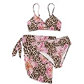 RoseSeek Girls 3 Piece Bikini Set with Beach Skirt Floral Leopard O-Ring Padded Swimsuit for Teen Girls