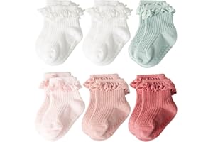 AQOKKA Baby Girl Toddlers Socks with Non-slip Grip Cute Frilly Ruffle Ankle Soft Cotton Newborn Baby Socks for Infant Kids