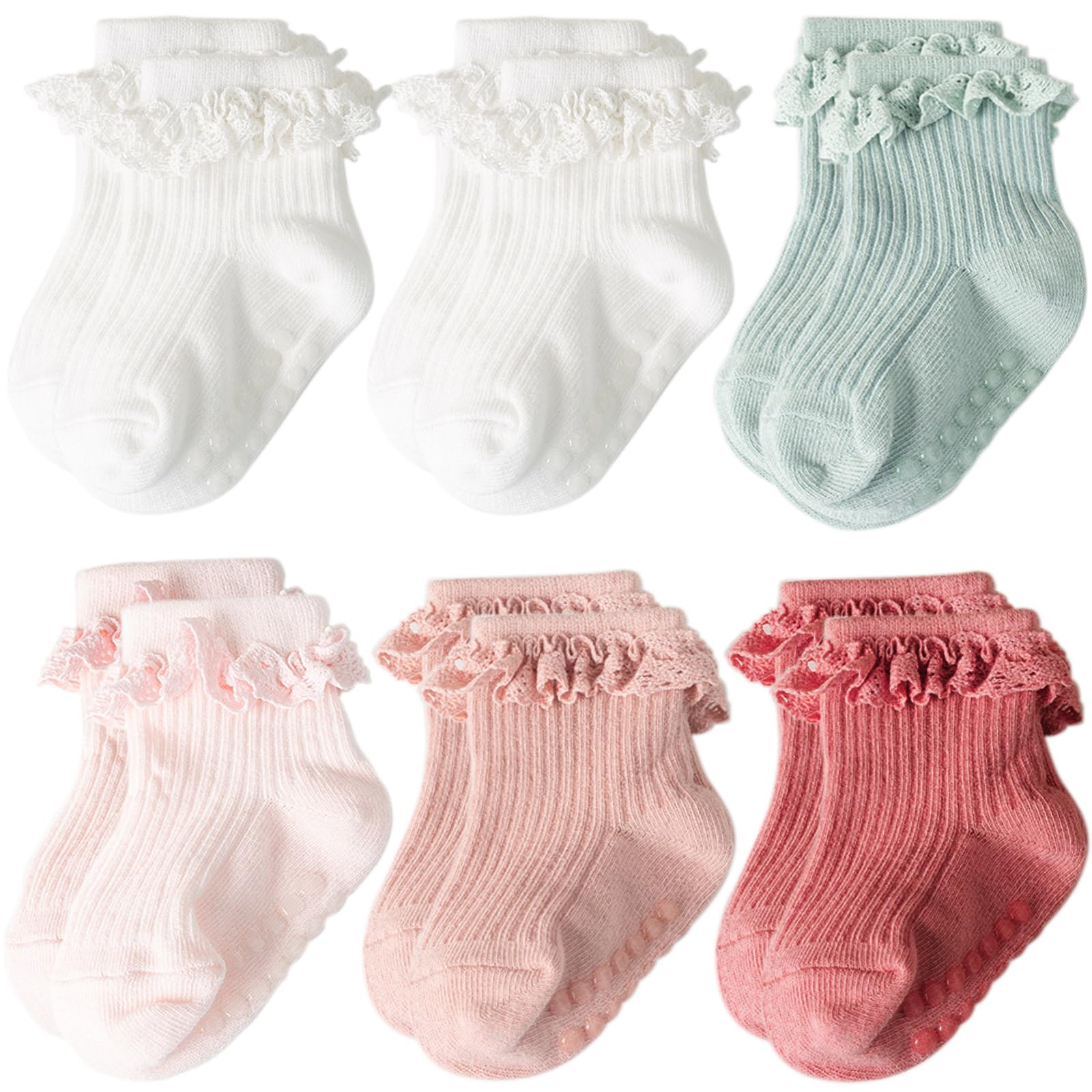 Photo 1 of AQOKKA Baby Girl Toddlers Socks with Non-slip Grip Cute Frilly Ruffle Ankle Soft Cotton Newborn Baby Socks for Infant Kids