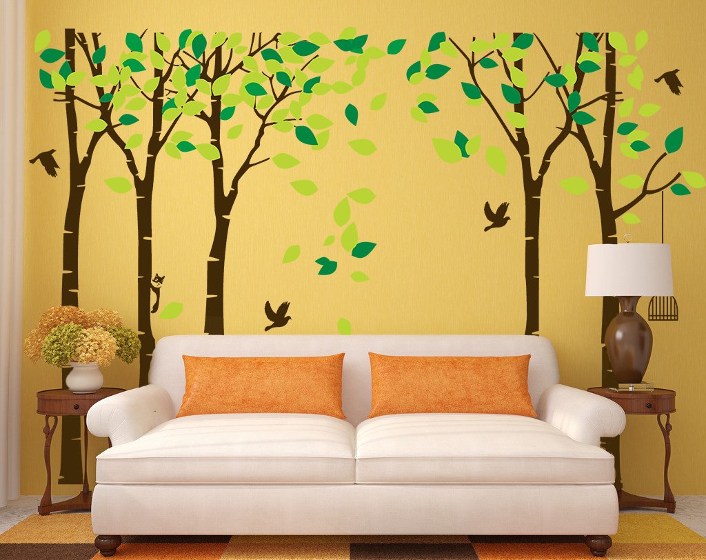 CaseFan 5 Trees Wall Decal Forest Mural Paper for Bedroom Kid Baby Nursery Vinyl Removable Diy Sticker 103.9x70.9,Green+Brown
