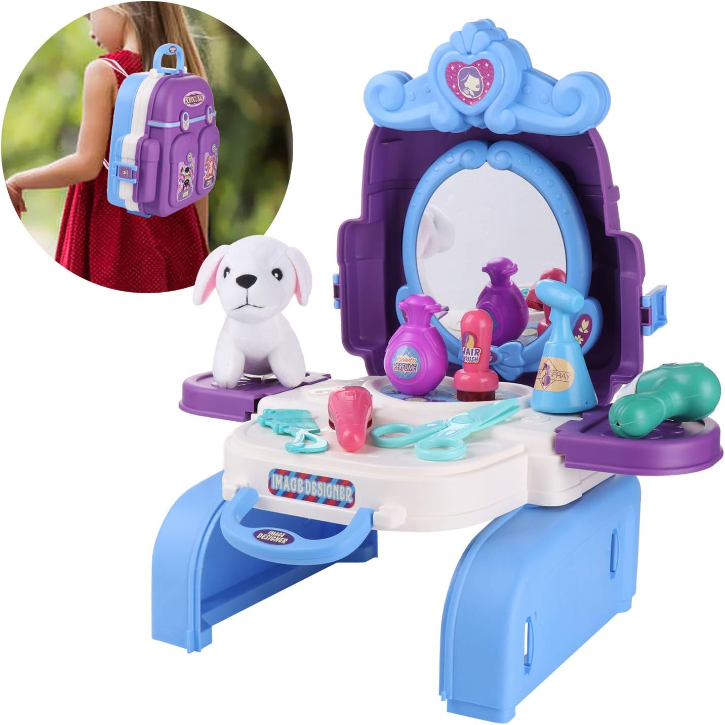 Kids Beauty Hair Salon Toy Pretend Play Hair Styling Set Simulation Hairdressing Kit with 3-in-1 Carrier Backpack, 16Pcs Role Play Educational Toy Pretend Game Gifts for Kids Girls Birthday Christmas: Toys & Games