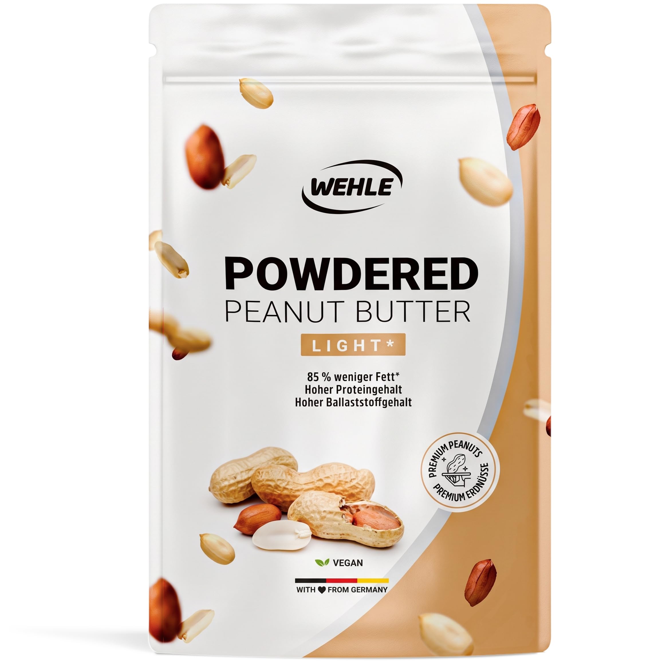 Erdnussbutter light Pulver 500g - Powdered Peanut Butter 85% weniger Fett, ohne Zucker I Peanut Creme mit leckerem Geschmack, Wehle Sports - Verpackung kann variieren