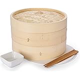 Vdomus Bamboo Steamer Basket - 10 inch Dumpling Steamer, Dim Sum & Bun Steamer with Chopsticks - Bao Bun Steaming Basket for 