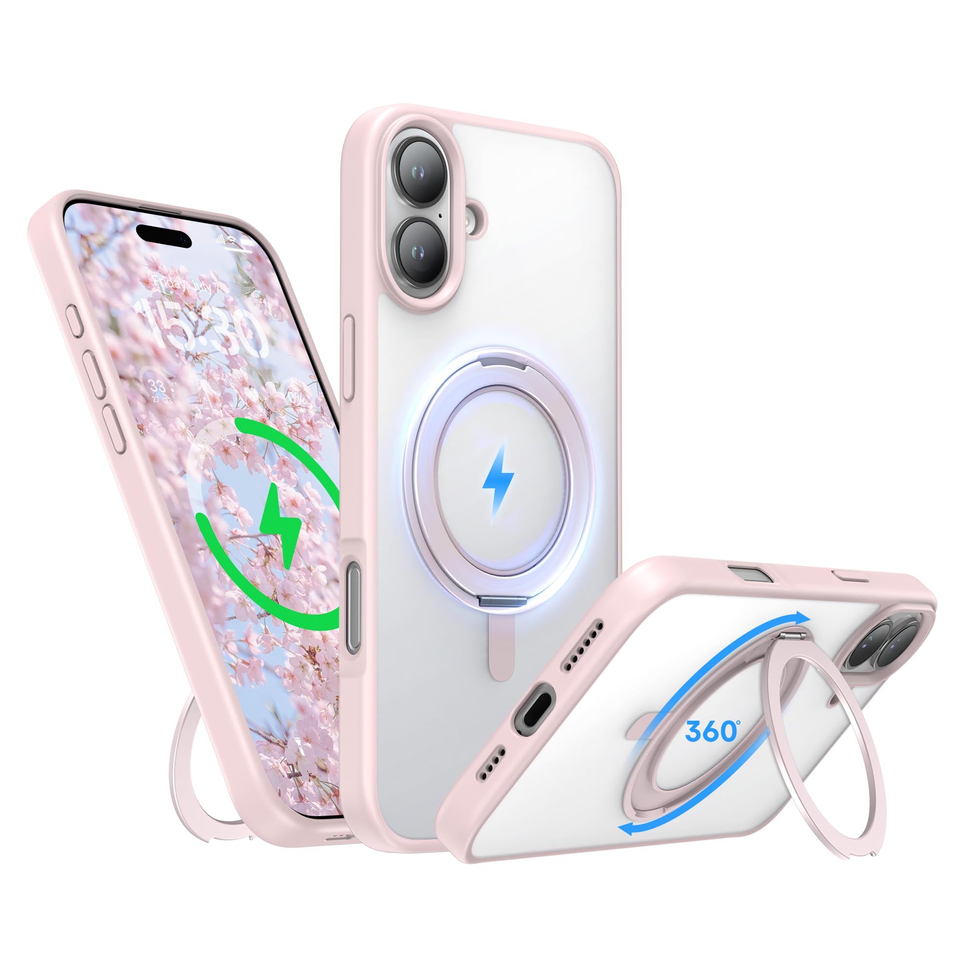 Niunisi Stand for iPhone 16 Plus Case, [Compatible with Mag Safe] 360° Rotatable Ring Holder Kickstand Military Shockproof Protective Case for iPhone 16 Plus 6.7 Inch, Pink