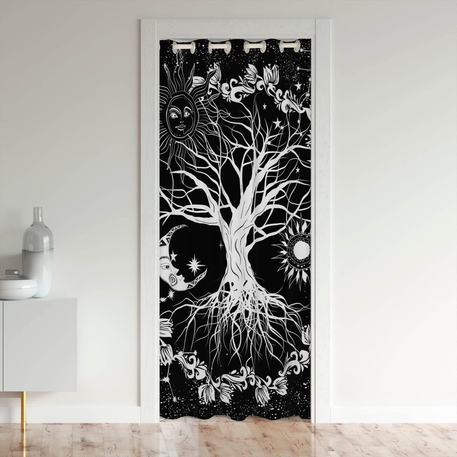 Loussiesd Tree of Life Door Curtain Doorway Privacy 132x203cm 1 Panel Sun and Moon Darkening Blackout Curtain Black and White Constellations Door Curtain Doorway Privacy Floral Botanical Soft