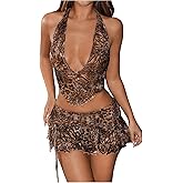 SHENHE Women's Skirt Set Y2k 2 Piece Club Outfits Leopard Halter Backless Top and Ruffle Mini Skirt Sets Going Out