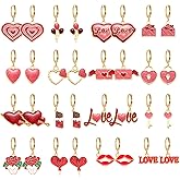 RLHRNDE 16 Pairs Valentine’s Day Earrings Set for Women Fashion Glitter Red Heart Cupid Arrow Balloon Chocolate Rose Lips Envelope Hoop Earrings Romantic Valentines Day Holiday Party Jewelry Gift