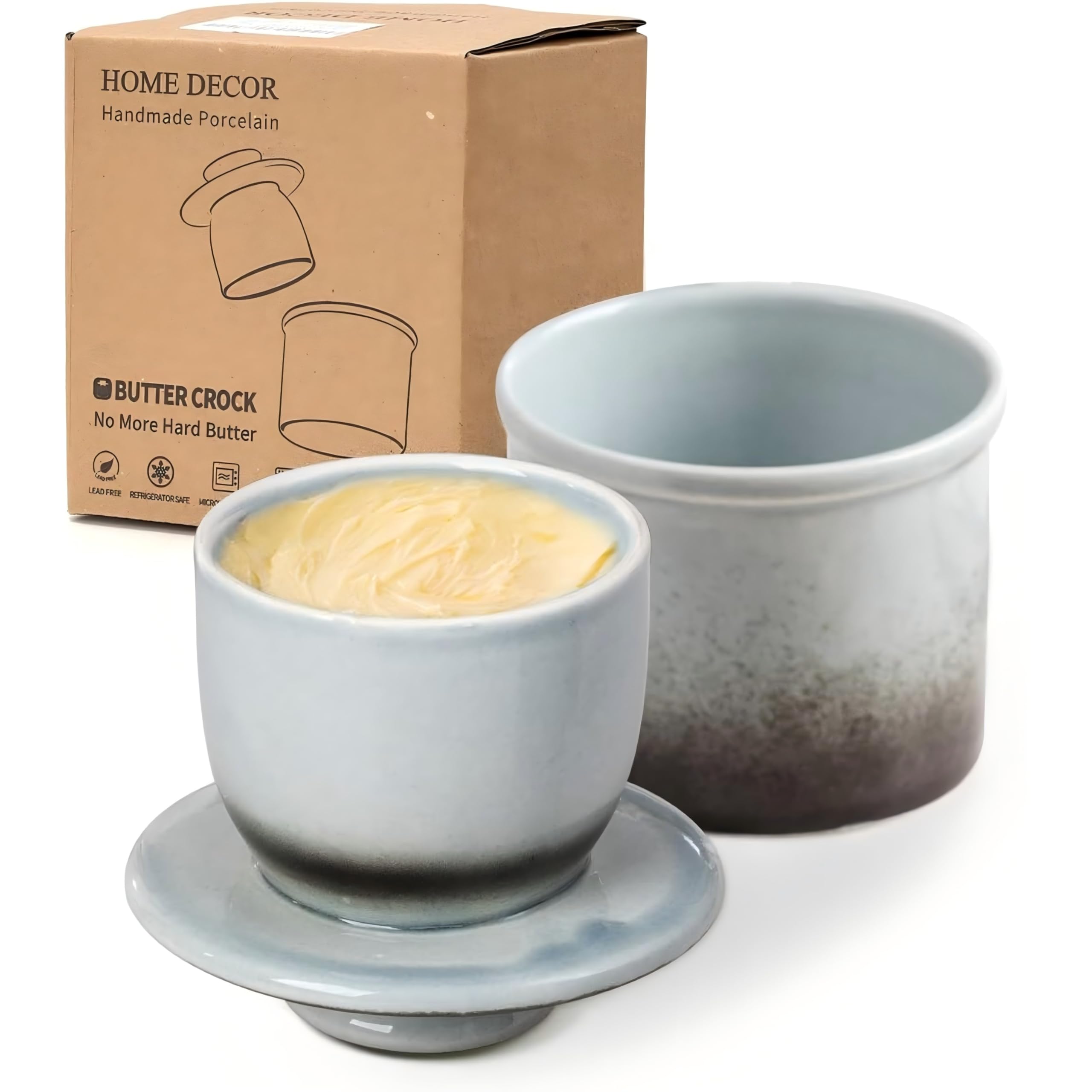 HOME DECOR Ceramic Butter Crock, French Butter Dish with Lid for Counter, Butter Keeper with Water Line for Fresh Spreadable Butter -Gradient Gray — image 1