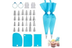Piping Bags and Tips Set 33-Piece – 2 Reusable 30x17cm Silicone Bags, 24 Stainless Steel Icing Tips, 2 Couplers, 2 Ties & 3 S
