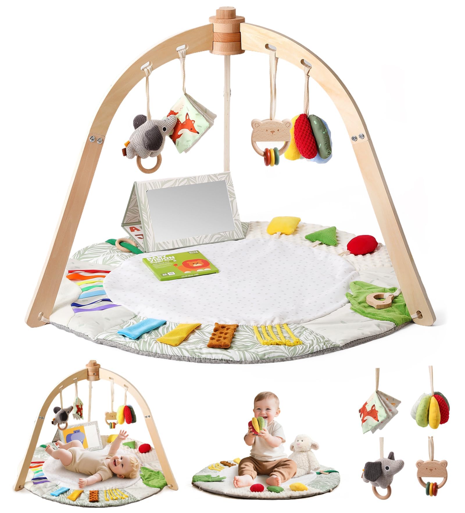 Photo 1 of Macabaka Wooden Baby Play Gym & Tummy Time Playmat – Montessori Sensory Activity Mat with 6 Developmental Toys for Fine Motor Skills – for Newborns to Toddlers (0–12M+)