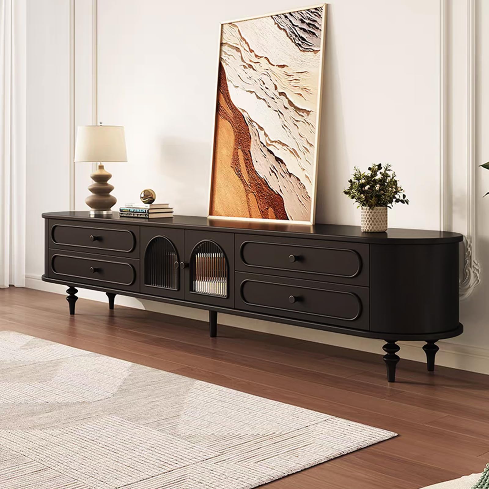 Photo 1 of **MINOR DAMAGE**
JIAWORLDER TV Stand for TVs up to 85 Inch, Modern Entertainment Center with Storage Cabinet and 4 Drawers, TV Media Console Table, Black TV Stand for Living Room Bedroom, Easy Assembly (Legs Only)