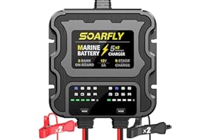 SOARFLY 2 Bank Marine Battery Charger, 10A (5A/Bank) 12V Waterproof On BOAD Boat Battery Charger, Battery Maintainer & Desulf