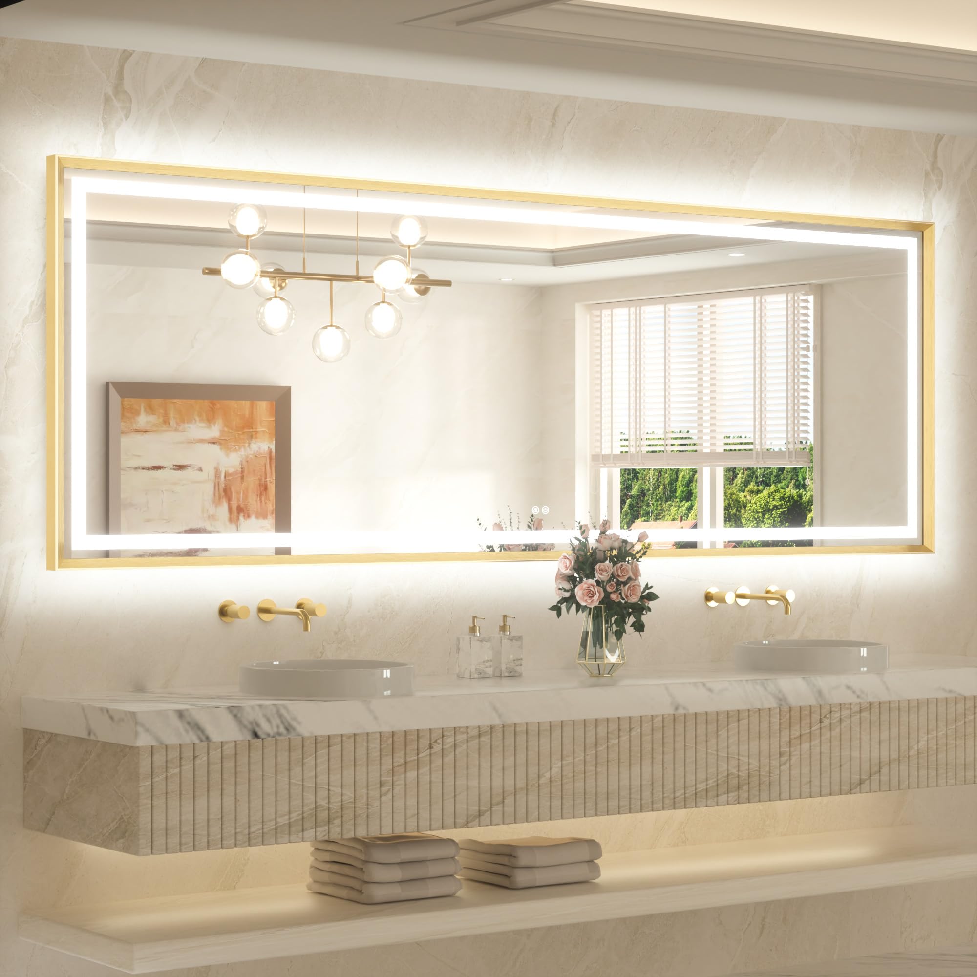 Photo 1 of TETOTE 96 x 36 Bathroom LED Mirror Brushed Gold Metal Frame Frontlit & Backlit Vanity Mirror Anti-Fog Stepless Dimmable 3 Colors White/Warm/Natural Wall-Mounted