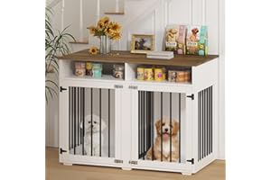 REVOMINCA Furniture Dog Crate for Two Dogs, 41 Inch Furniture Style Dog Kennel with Removable Divider and Thickened Desktop, Heavy-Duty Base for Small to Medium Dogs, White
