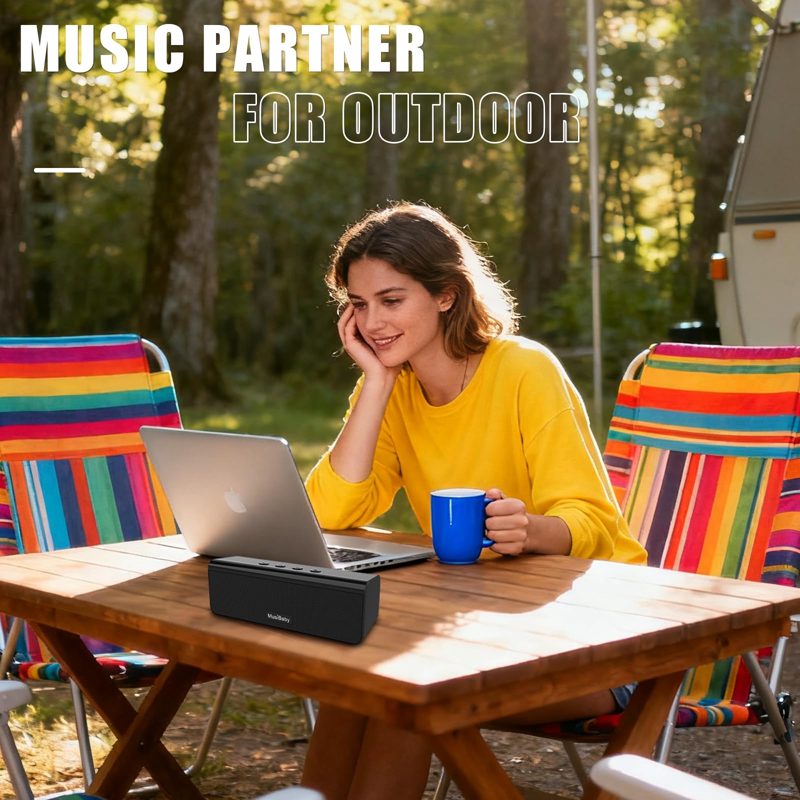 Bluetooth Speaker, MusiBaby M71 Speaker, IPX5 Stereo Sound Waterproof Portable Speakers, Dual Pairing, 24HRs Playtime for Indoor/Outdoor - Black