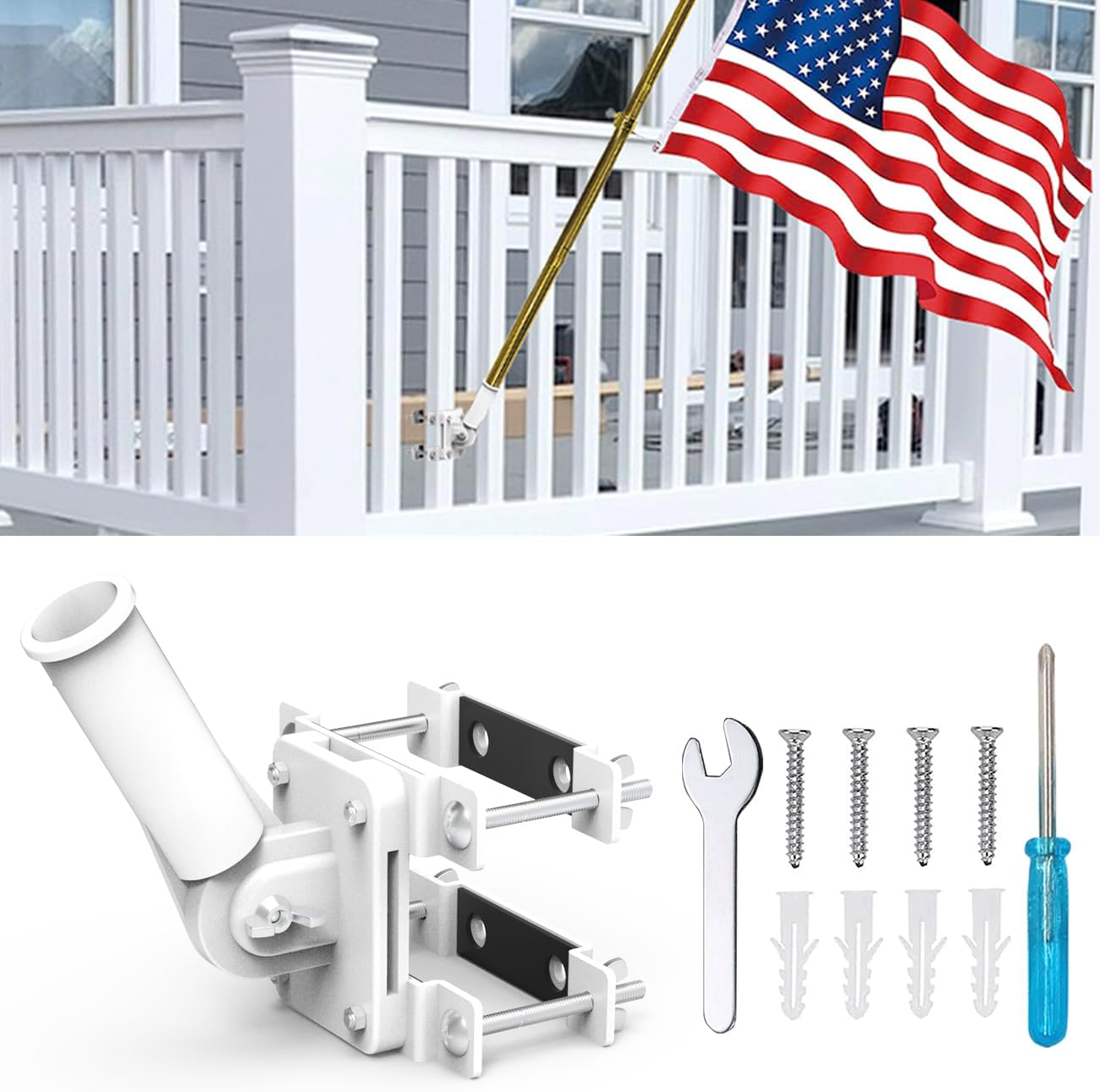 Flagpole Hardware - NO Drilling Flagpole Mount Fit for Balcony Railing - Flag Pole Holder Perfect for Porch & Fence - fit Round and Square Railing with Anti-Skid Silicone Patches - for 1 inch or thinner flagpole (White)