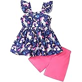 Toddler Baby Girls Summer Clothes Outfits Ruffled Sleeve Dinosaur Shirt Leopard Tops and Shorts Pants Sets 2PCS