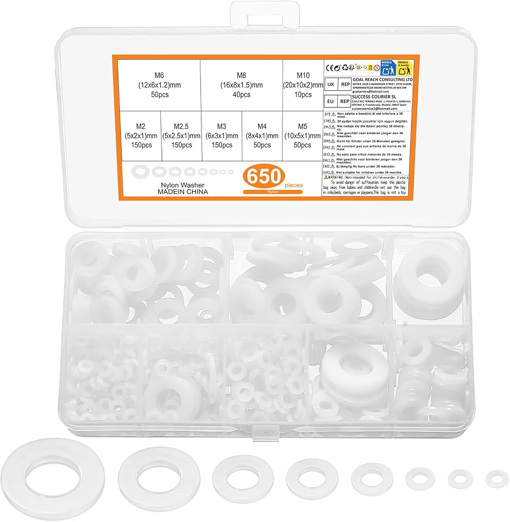 ZWFSDM 650 Pcs Nylon Washers Assorted M2/M2.5/M3/M4/M5/M6/M8/M10 White