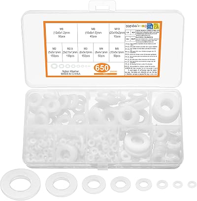 ZWFSDM 650 Pcs Nylon Washers Assorted M2/M2.5/M3/M4/M5/M6/M8/M10 White
