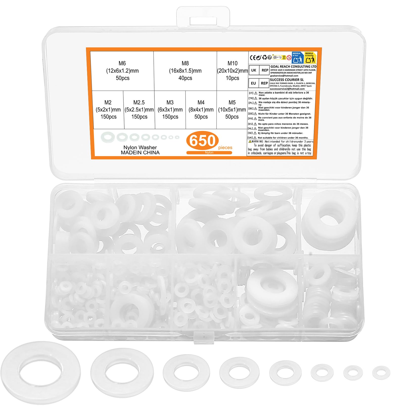 650 Pcs Nylon washers, White Flat Plastic Spacers Washers, Assorted Round Tap Seals Gaskets Rings Washers for Plumbing, Screws Bolts, 5-20mm, M2/M2.5/M3/M4/M5/M6/M8/M10