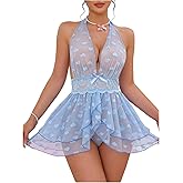 OYOANGLE Women's Lingerie Set 2 Piece Heart Print Halter Neck Lace Mesh Sheer Babydoll Dress with Thong