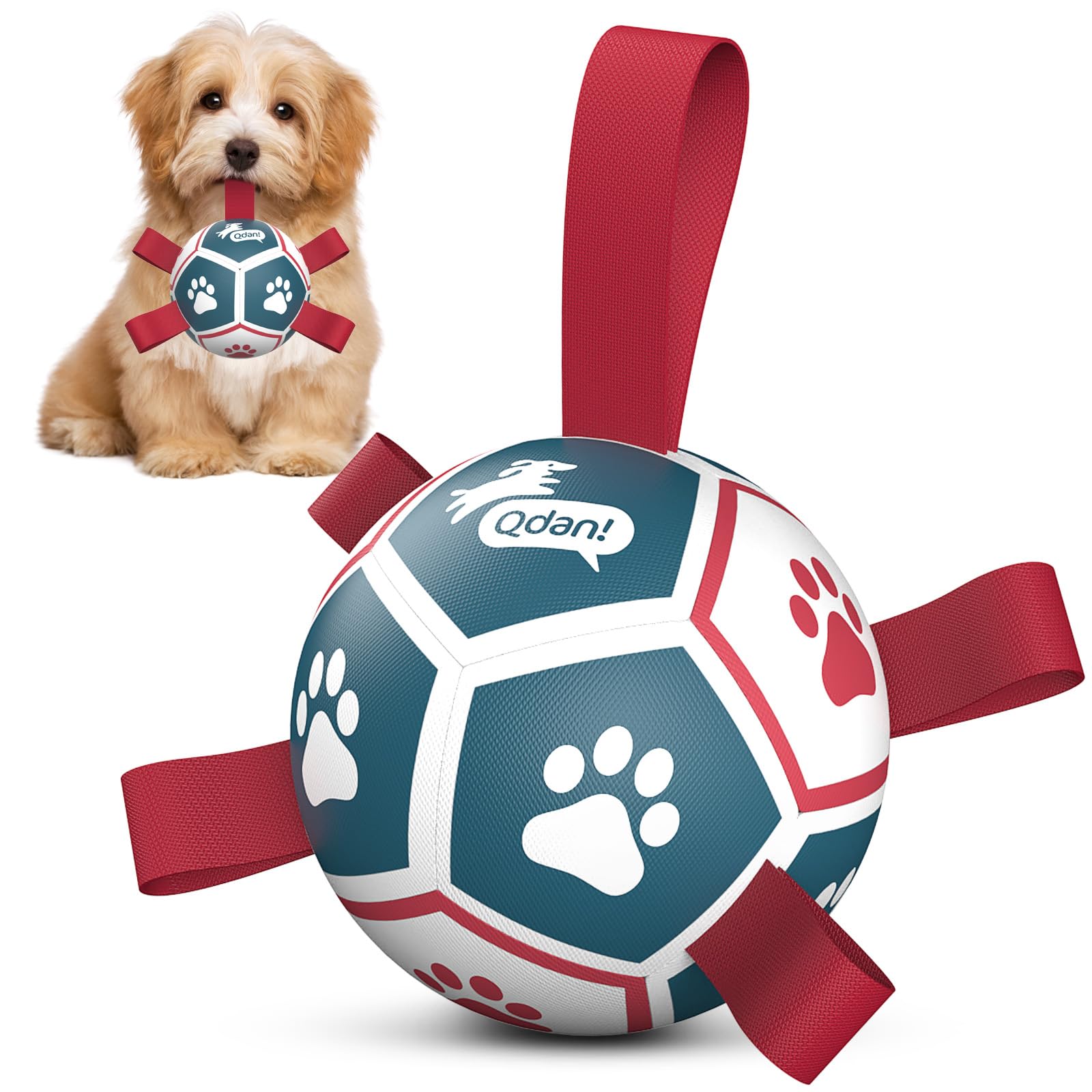 QDAN Small Dog Toys, Outdoor Indoor Toys to Keep Them Busy, Soccer Ball with Straps, Puppy Birthday Gifts, Dog Water Toy, Durable Puppy Balls(5 Inch)