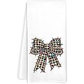 JOQUXI Coquette Checkered Bow Christmas Kitchen Towels, Black and White Christmas Lights Bow Decorative Hand Tea Towels for Bathroom, Trendy Retro Preppy Xmas Dish Towel Dishcloth, 16x24 Inch